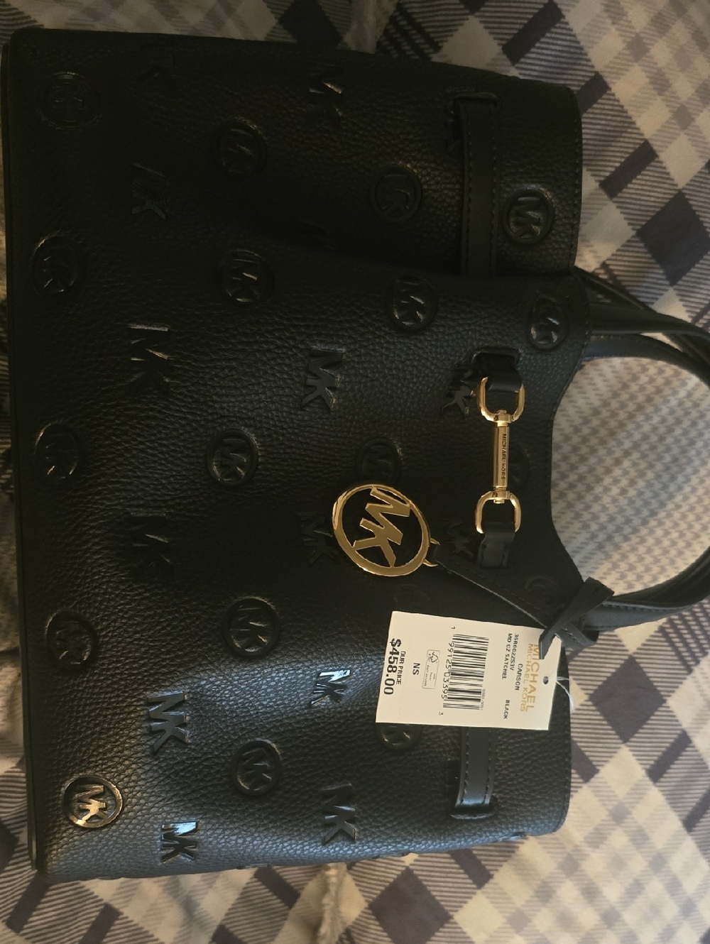 Michael Kors Black Embossed Logo Tote with Gold Hardware